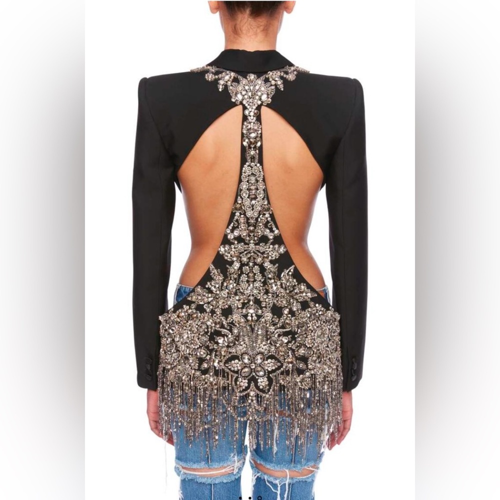Alexander McQueen Single Breasted Cutaway Black Blazer w/ Crystal Embellishments